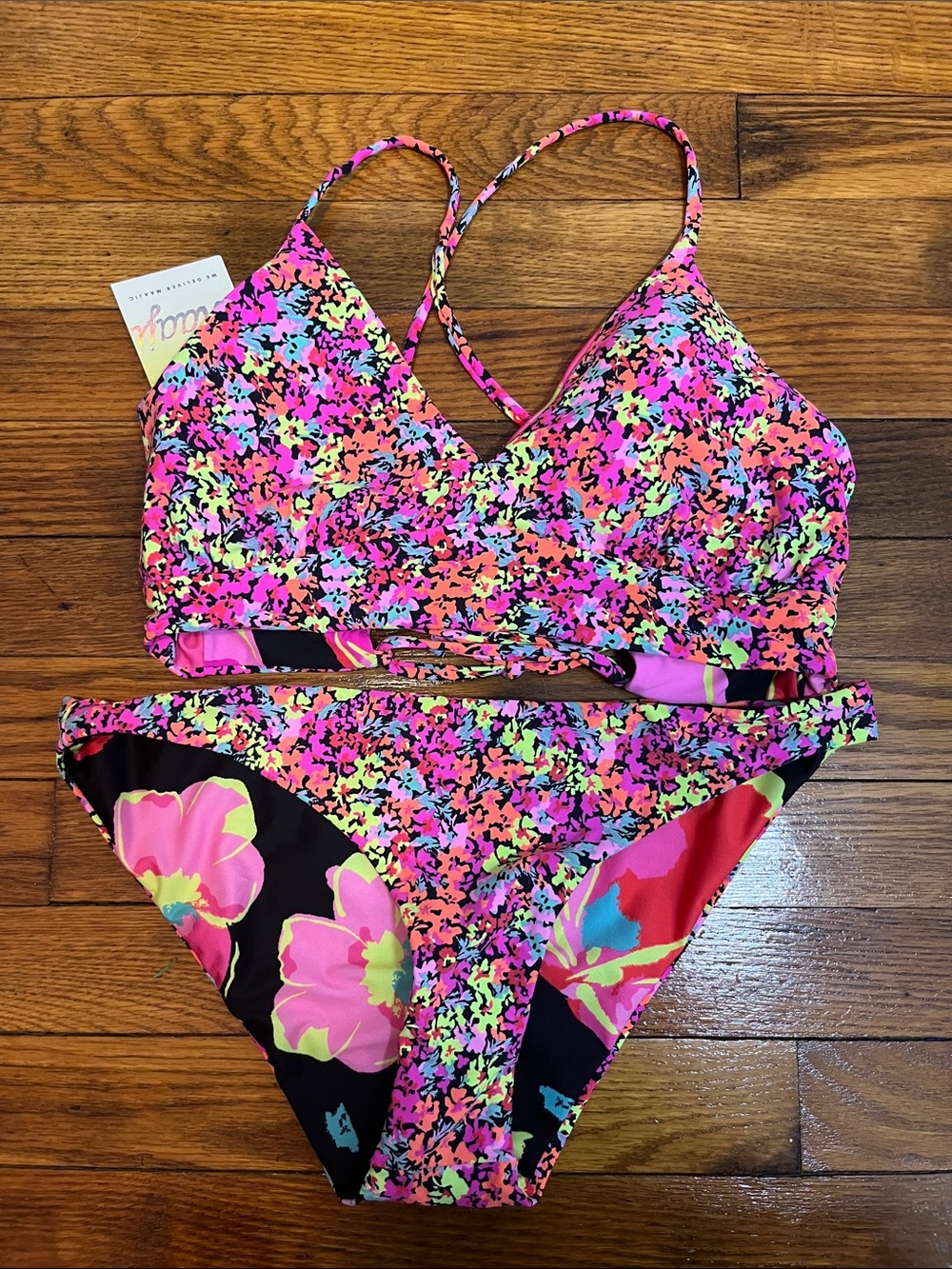 Maaji NWT floral tropical reversible Candice bikini swim set size large